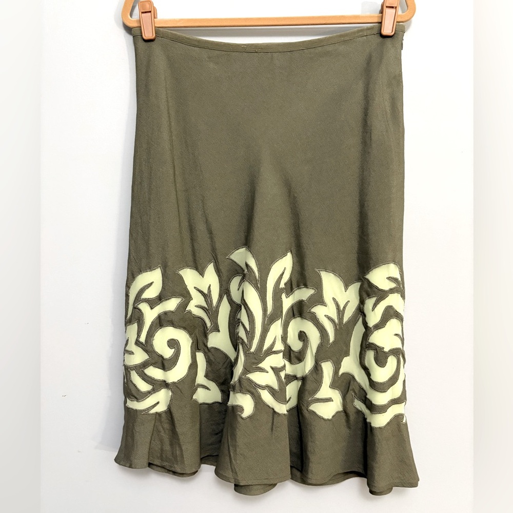 Elegant Olive Green Linen Blend Skirt with Light Green Floral Cutout Design